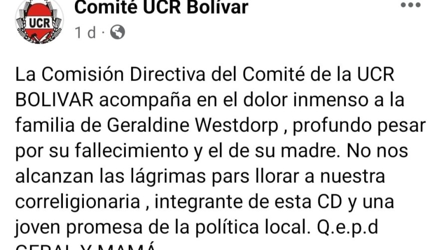 El radicalismo de Bolívar despidió a Geraldine Westdorp tras su fallecimiento