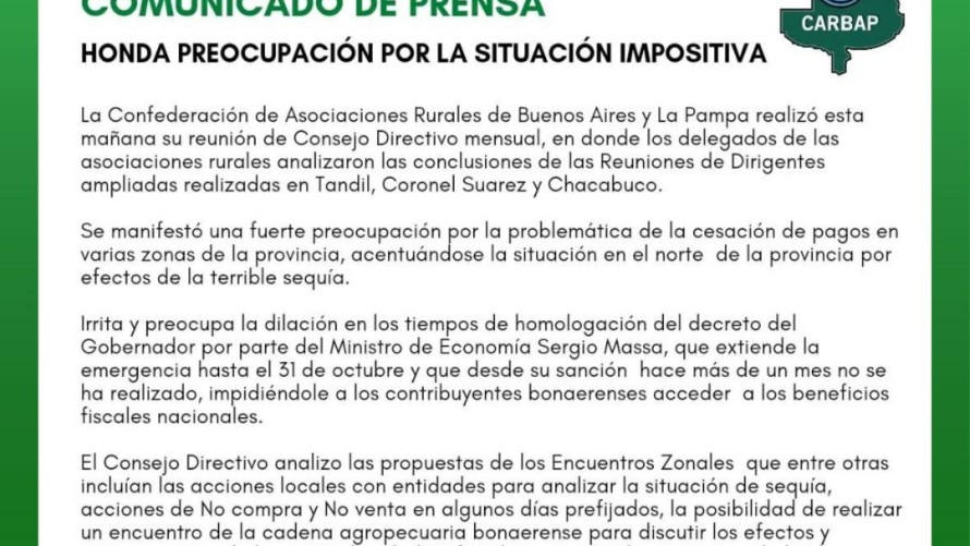 La Sociedad Rural de Bolívar adhiere a la preocupación de Carbap por la situación impositiva