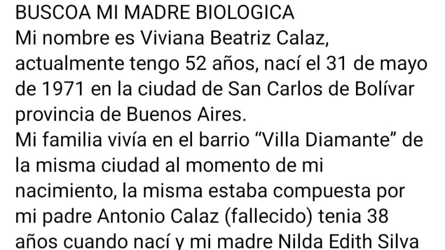 Vive en Olavarría y busca a su madre biológica en Bolívar