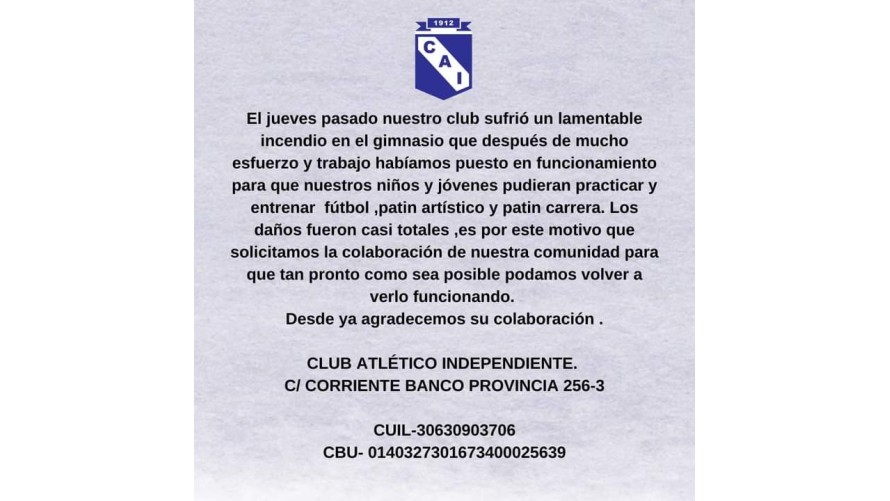 El Club Independiente lanza una colecta para reponerse del incendio sufrido